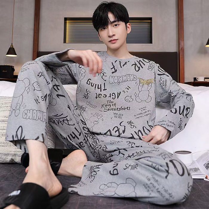 Corea del Sur 2024 pijamas de hombre de otoño pantalones de manga larga larga con un conjunto de sombreros más grande ropa casera simple al por mayor