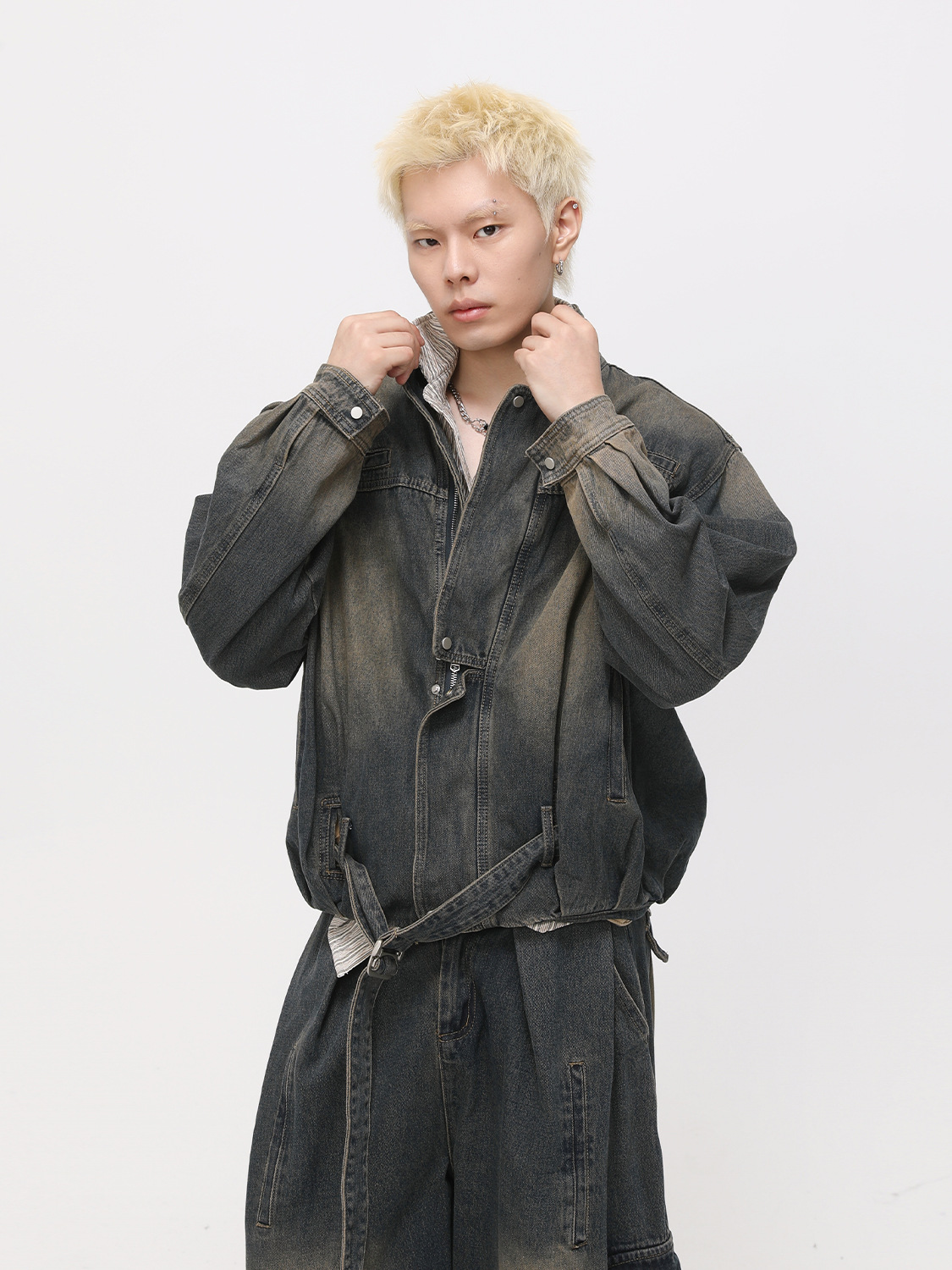 MTLCLOTHES Hombres| Calle retro hacer viejos bolsillos pesados sueltos versátiles moda vaquero conjunto de moda moda