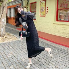 早秋氛围感穿搭叠穿镂空罩衫连衣裙套装女韩系慵懒宽松长裙两件套