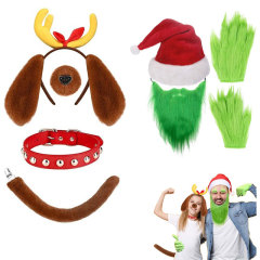 2025 クリスマス鹿の角ヘアバンド、ぬいぐるみ犬耳付きクリスマス帽子、レッグウォーマー、手袋、漫画犬コスプレ