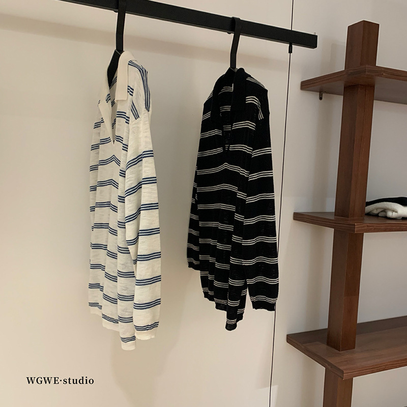 WGWE6855条纹V领微透薄款T恤百搭防晒罩衫翻领上衣|undefined