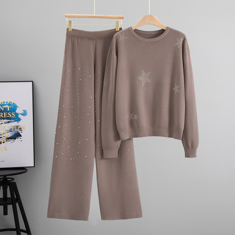 Conjunto de duas peças de outono e inverno europeu e americano transfronteiriço, novo conjunto de duas peças de manga comprida esportiva casual com diamante quente, moda esportiva redutora de idade