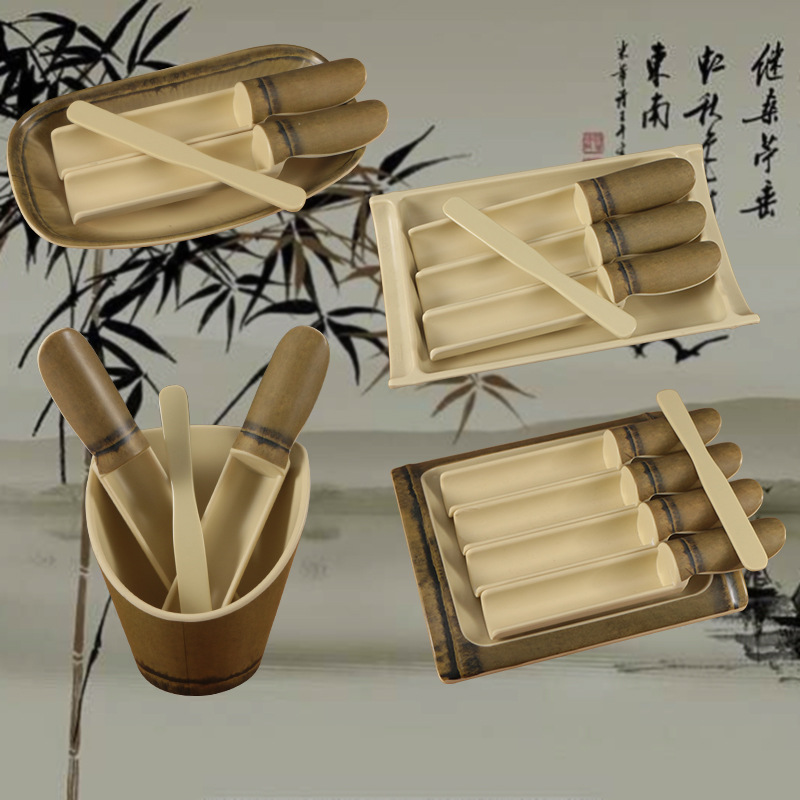 密胺仿竹筒虾滑盘商用火锅虾滑套装餐具创意三色虾滑鱼滑制作模具