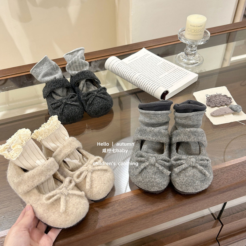 【咸柠七】miu系甜心~女童秋冬百搭毛呢单鞋蝴蝶结公主鞋玛丽珍鞋|undefined