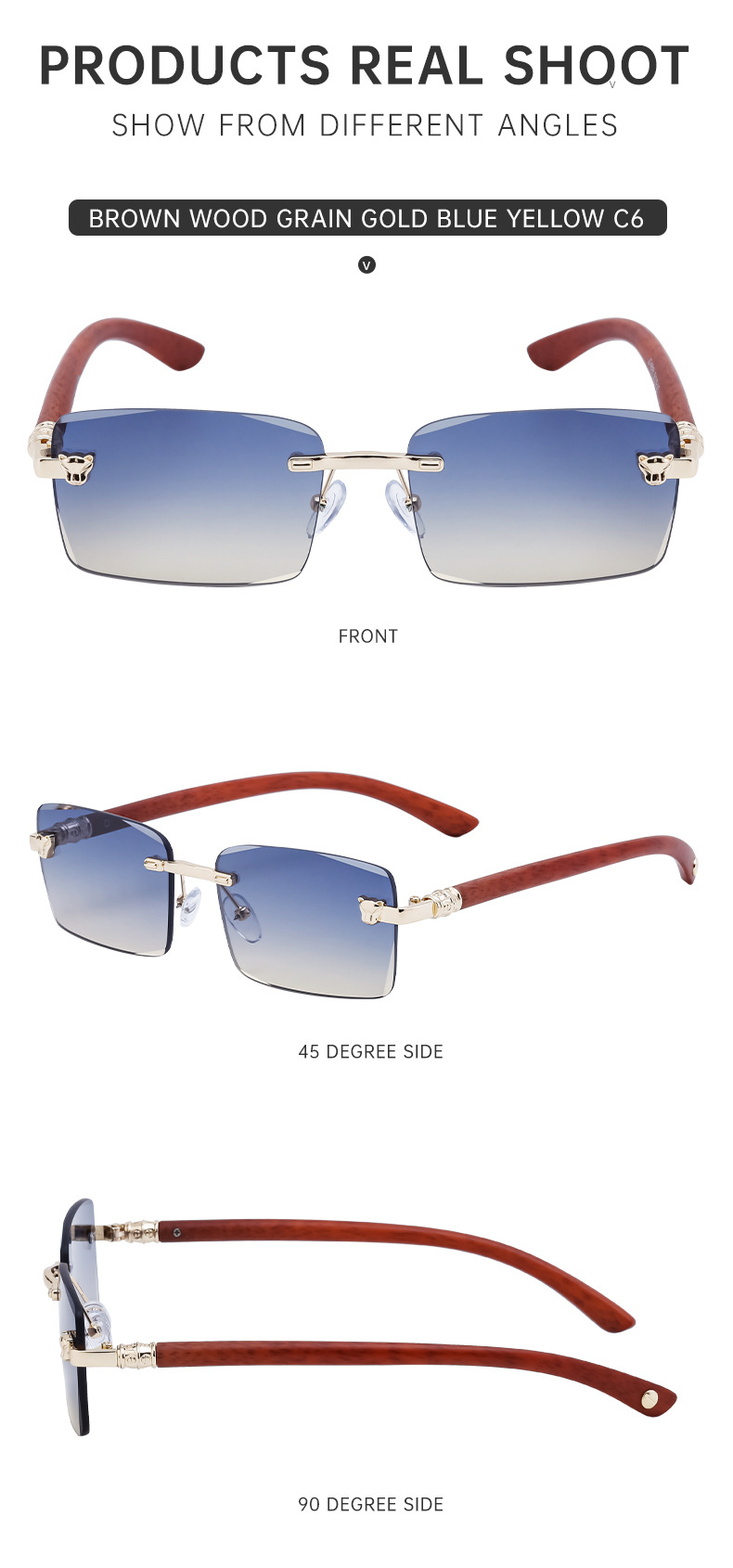 2024 Neue europäische und amerikanische rahmenlose Retro-Sonnenbrille für Herren mit Spiegelbeinen aus Holzmaserung und Sonnenbrille für Herren_voghion.com