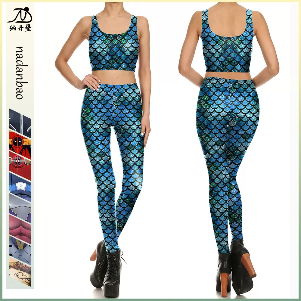 欧美快时尚新款 印花弹力紧身裤数码印花背心时尚套装背心打底裤