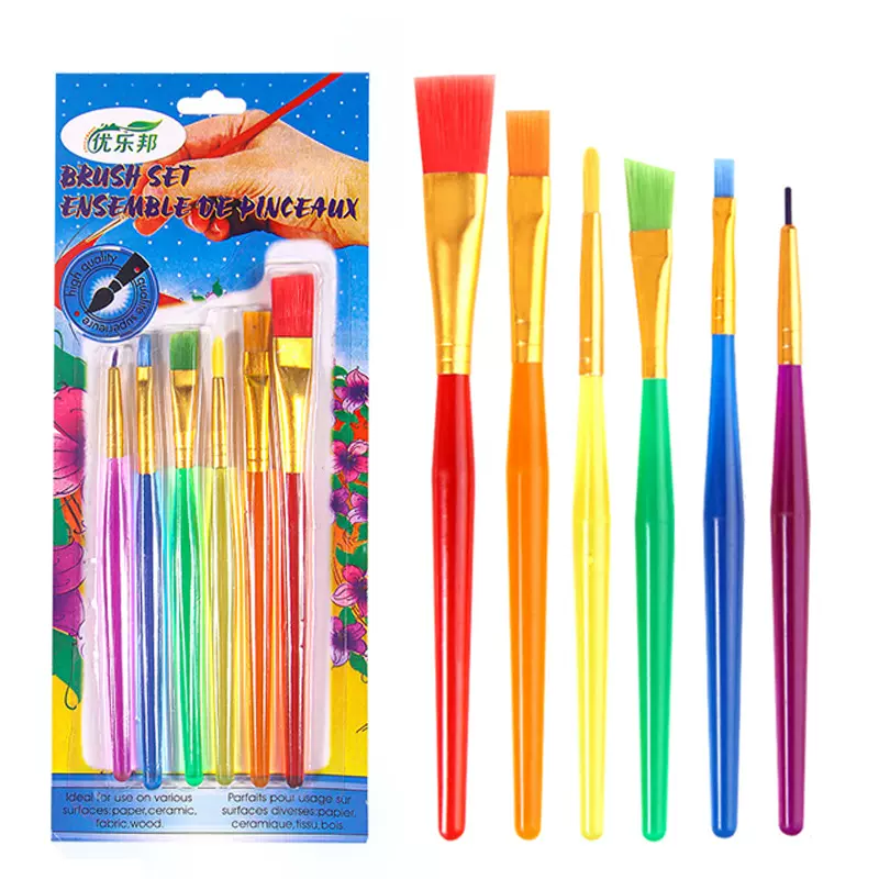 跨境6支套装糖果色画笔 尼龙毛丙烯油画水彩水粉长杆笔刷画笔套装