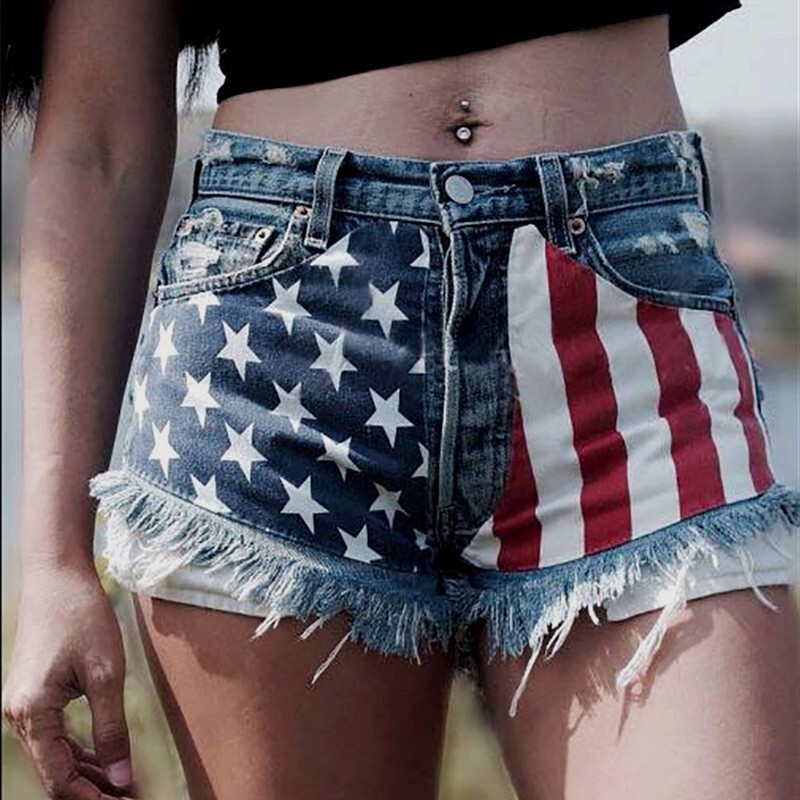 European and American Cross-Border Women's Clothing Tassel Raw Edge Ripped Star Print Denim Shorts