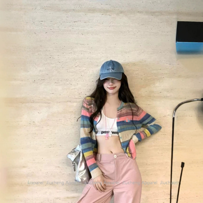 Large Quantities of High-Quality Products in Stock for Wholesale, Suitable for Live Streaming, Dopamine Rainbow Cardigan, Sweet and Skin-Friendly Color-Blocking Top