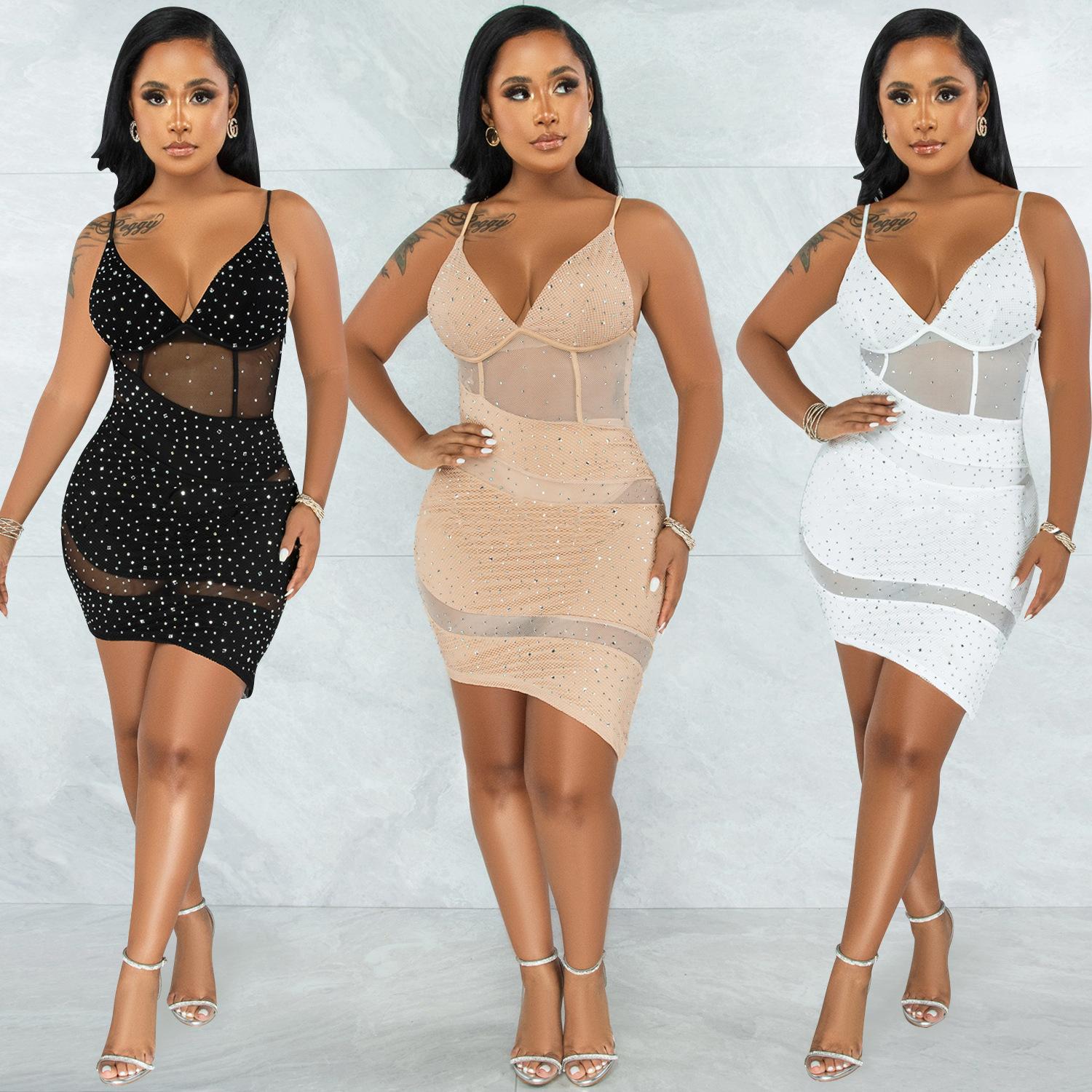 X5575 transfronterizo europeo y americano moda ropa de mujer sexy con cuello en V malla perspectiva discoteca caliente rhinestone Sling vestido irregular