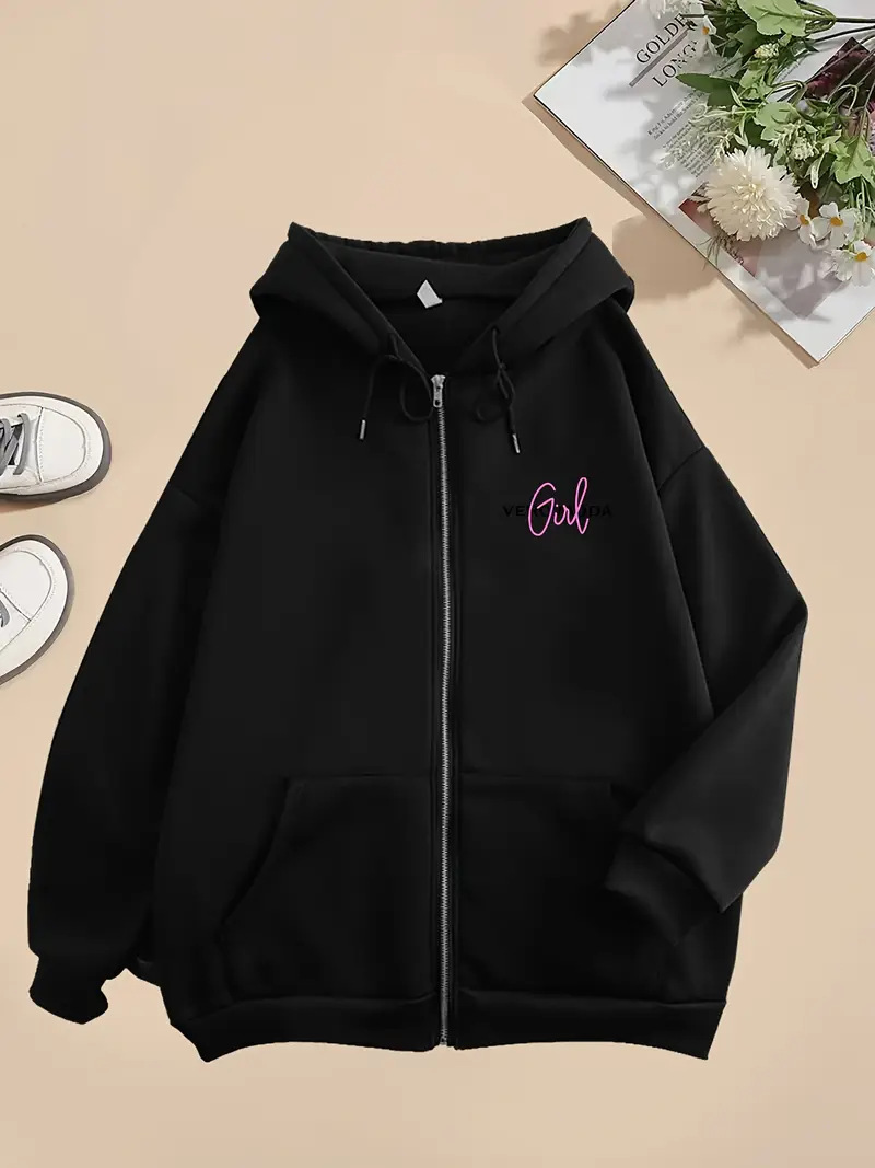Women's Heart Print Loose Casual Hooded Sweatshirt Long Sleeved Zip Up Design European American Style Print_ecoleips.com