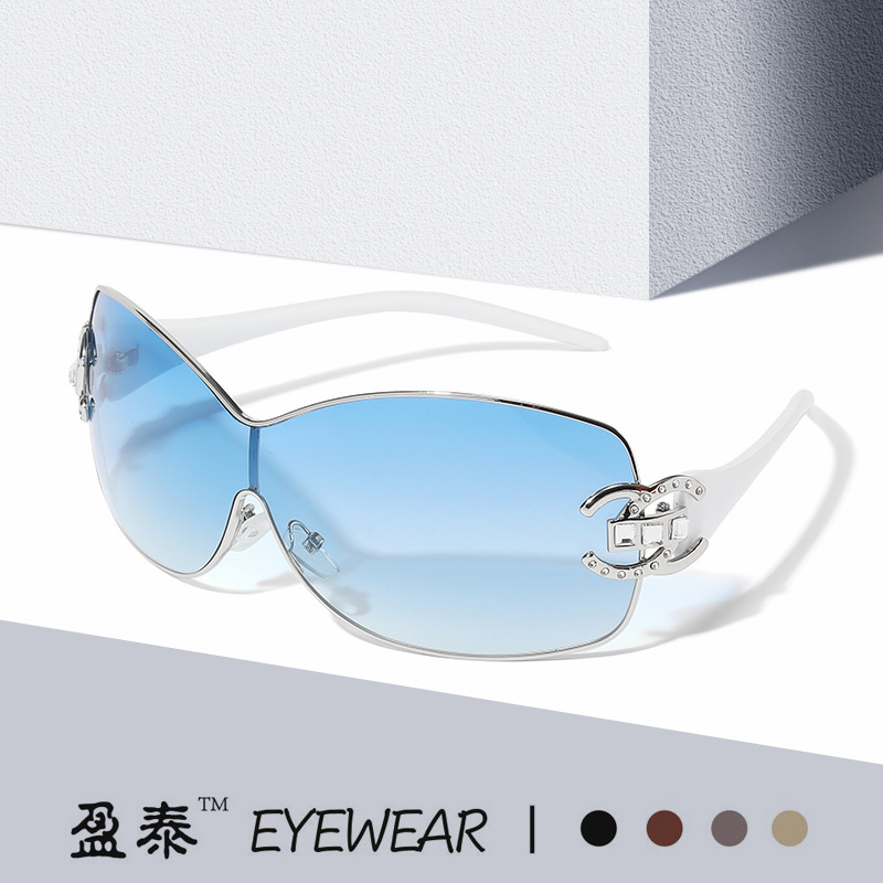 New Diamond-embedded fashion y2g sunglasses frameless women's sunglasses one-piece large frame integrated sunglasses concave shape