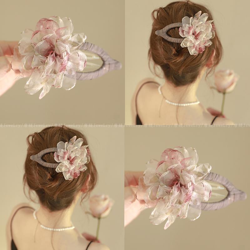 後頭部の髪の量の多い女性向けの春のガーゼフラワーダックビルヘアクリップ、ハイエンドトップクリップ、シャーククリップ|undefined