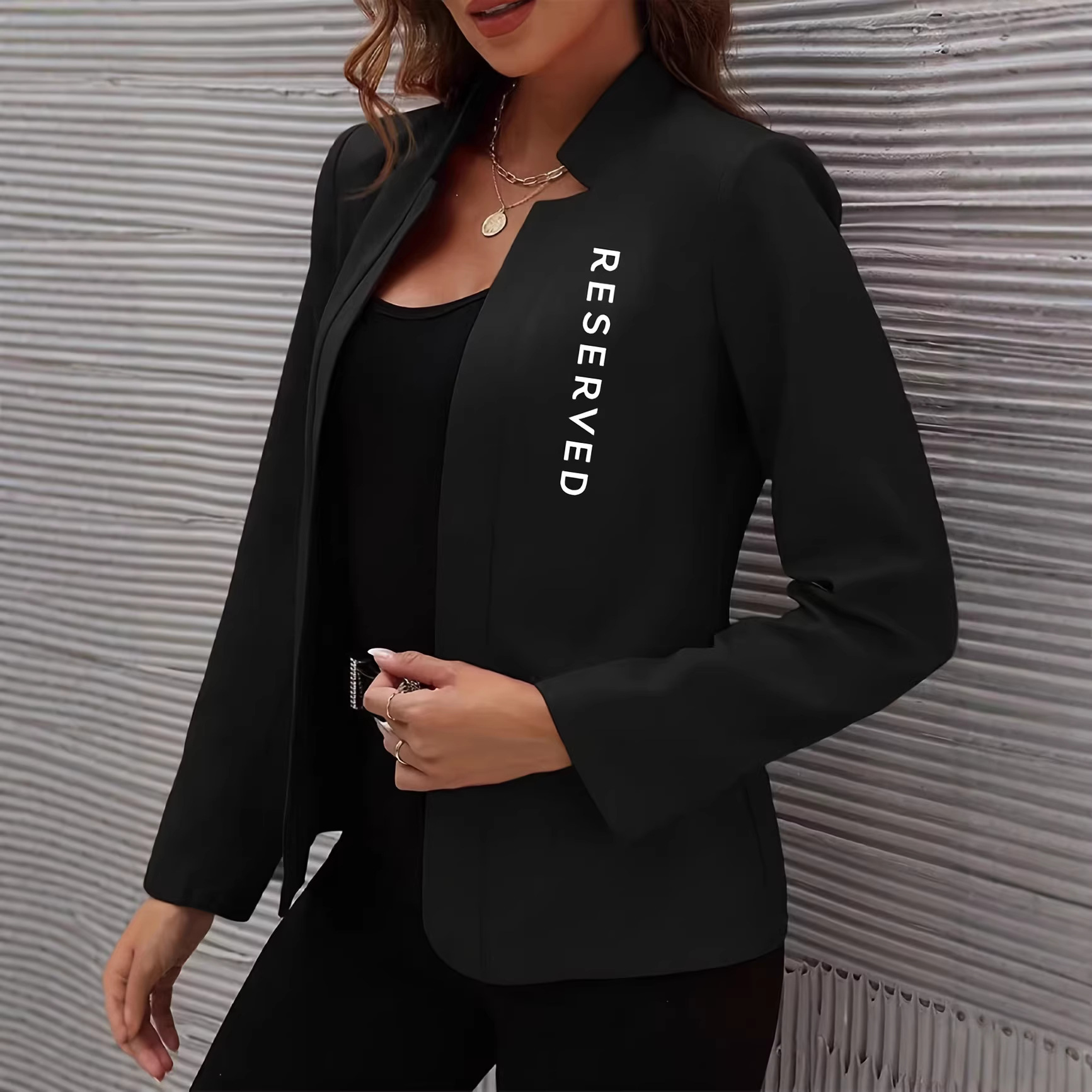 Women's Clothing American Style Stand Up Collar Fitted Waist Black Blazer Long Sleeve Elegant Fashion Print Outerwear_voghion.com