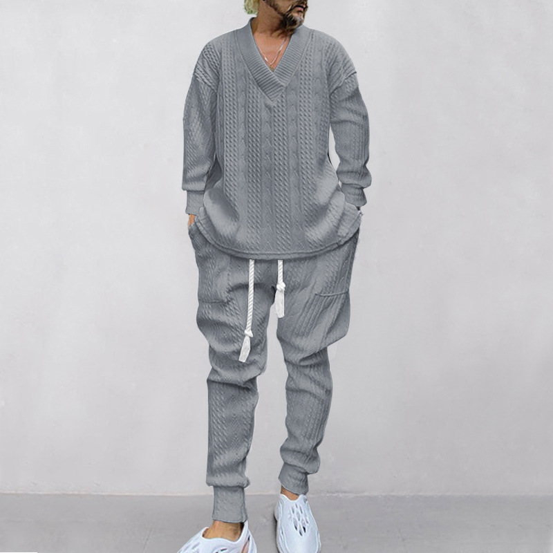 2026 estación independiente transfronteriza Europa y América ropa de hombre primavera y otoño conjunto de pantalones casuales de cuello en V jersey jacquard universal