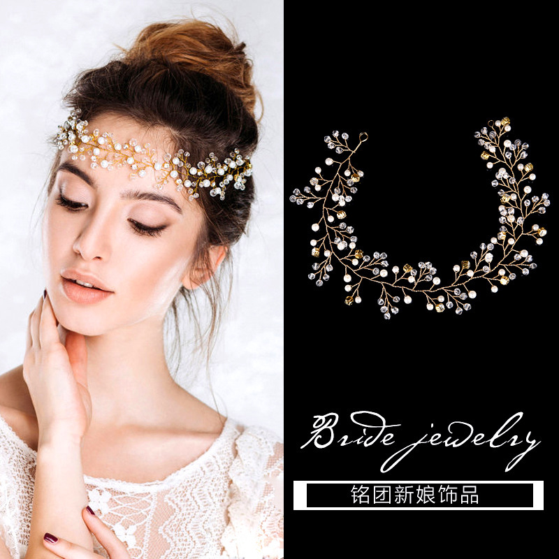 Golden headband for bride handmade pearl