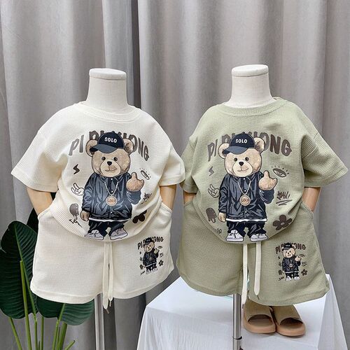 Boys' Summer Suit Set 2024 New Arrival Baby Cool Brat Style Honeycomb Fabric Clothes Trendy Children's Summer Short Sleeve Cartoon Fashion