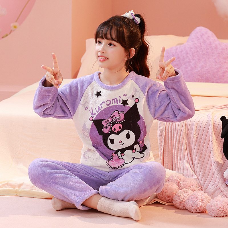 2025 invierno ropa infantil de franela dibujos animados cuello redondo pijamas de manga larga niñas chaqueta caliente set de ropa para el hogar supermercado