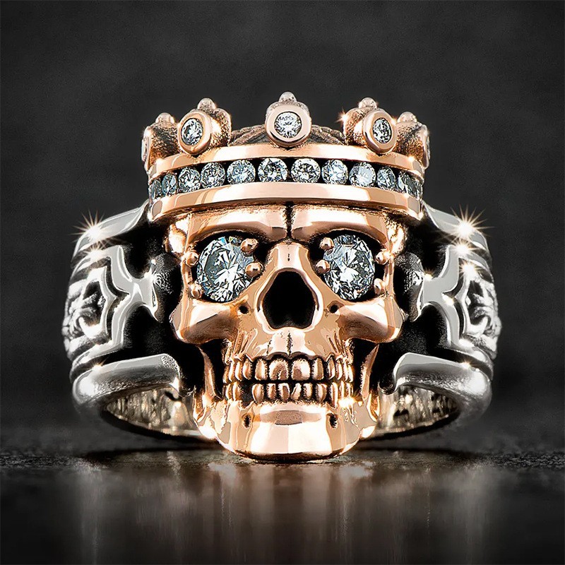 Chenrui Wish Zinc Alloy Mechanical Skull Head Men's Ring with European and American Popular Punk Style Inlaid Ring