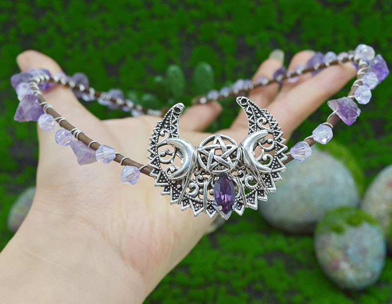 Natural Crystal Raw Stone Wiccan Wreath Sun Moon Star Headdress Bride Crown Headband_voghion.com