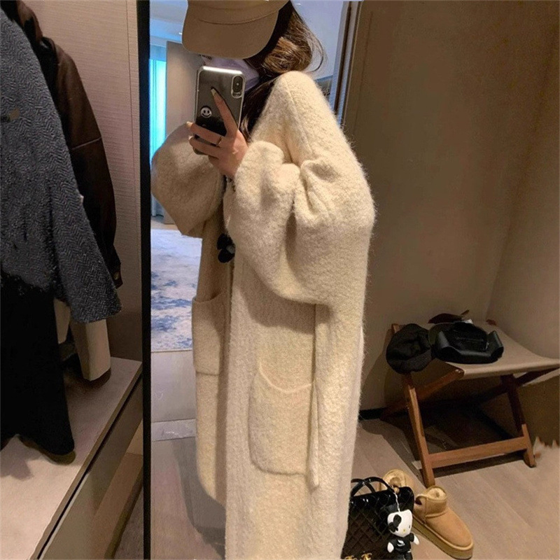 慵懒风软糯中长款灰色毛衣外套女2025秋冬外搭高级感宽松针织开衫|undefined
