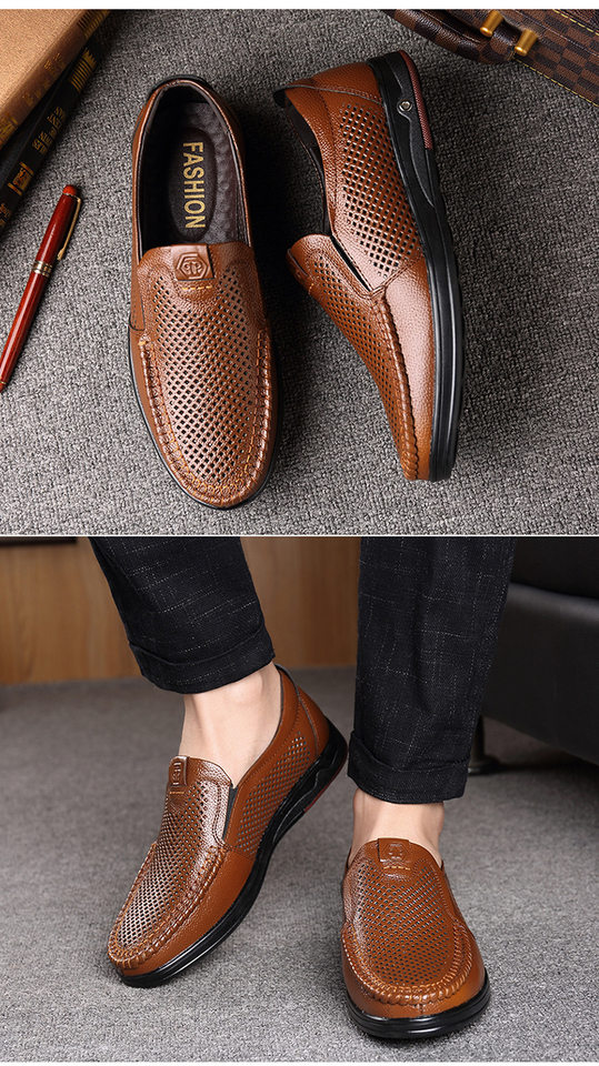 Giày lười nam da bò thoáng khí đục lỗ mũi nhọn đế mềm chống trượt gót 1–3 cm — Màu nâu, Màu đen chi tiết 28