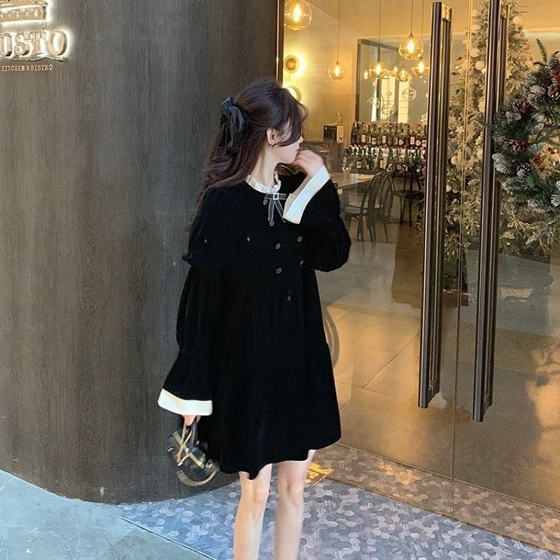 秋冬季2025新款女装小个子法式气质感黑色金丝绒连衣裙子