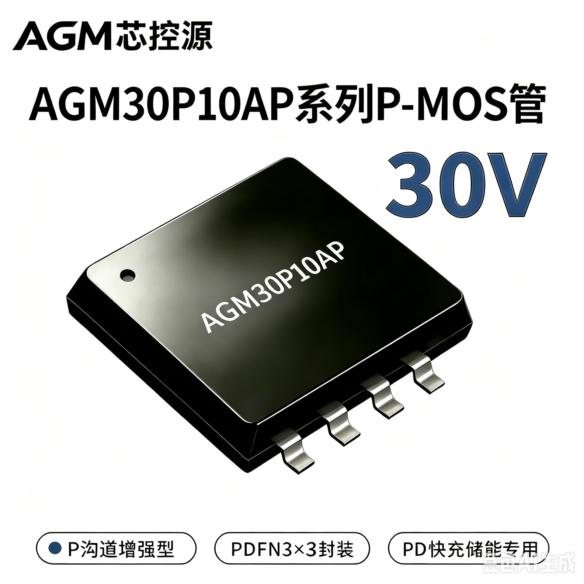 AGM30P10AP芯控源P沟道MOS管30V50A  PDFN3.3X3.3同步整流开关管