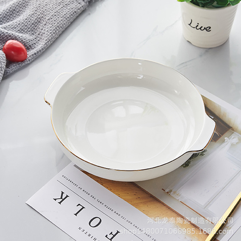 純白の骨磁器の金辺の両耳の巣の皿の陶磁器の家庭用の料理の皿のアイデアの円形の深い皿の取っ手のスープの皿は印字することができます。|undefined