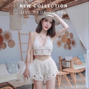 New Hot Spring Holiday Beach Hollow Crochet Swimsuit Women's Sexy Bikini Knitted Sling Casual Shorts Set