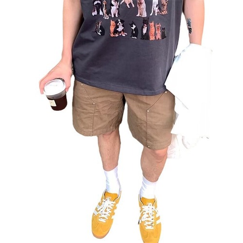 Vintage American Metal Button Decor Work Pants for Men Trendy Cool Casual Five-Finger Pants INS