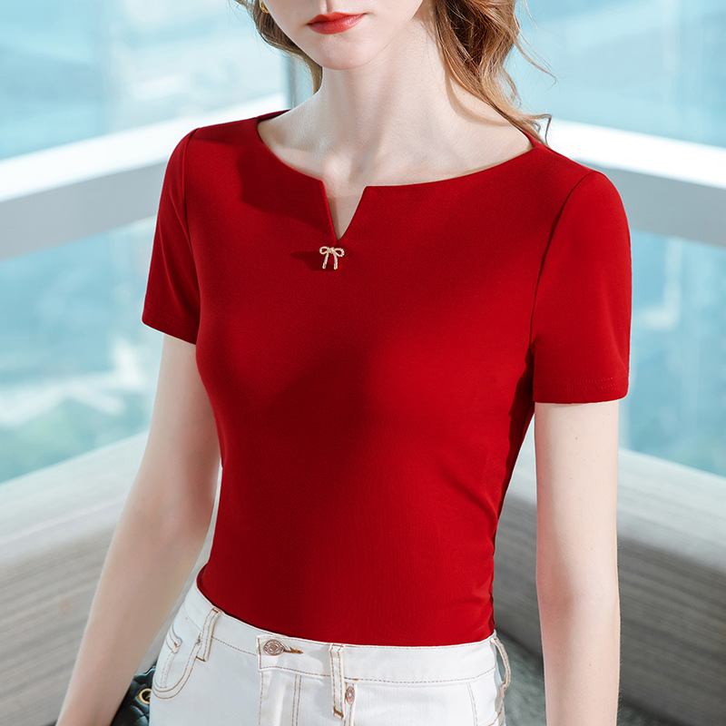Camiseta de manga corta de las mujeres de verano 2023 nueva ropa de mujer pequeña V split fuera del hombro de algodón camiseta temperamento cintura-apretado image 4