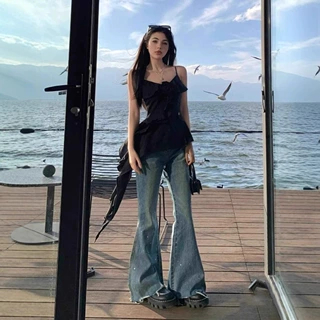 法式黑色荷叶边吊带背心女夏季设计感小众性感辣妹外穿无袖上衣服