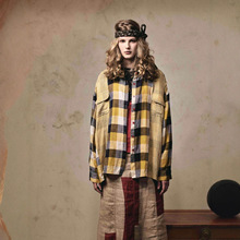 原创美式格纹拼接宽松长袖衬衫女男秋季街头休闲情侣翻领衬衣外套