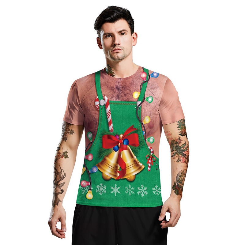 European and American-style fun and quirky Christmas-themed men's T-shirt with realistic gingerbread man and faux chest hair tattoo print, featuring a full-color balloon print and a loose fit European and American-style fun and quirky Christmas-themed men's T-shirt with realistic gingerbread man and faux chest hair tattoo print, featuring a full-color balloon print and a loose fit