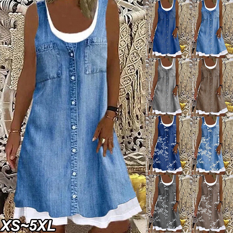2023 Europe and the United States cross-border Amazon wish Fashion Digital fake two denim printed casual dress optimized version