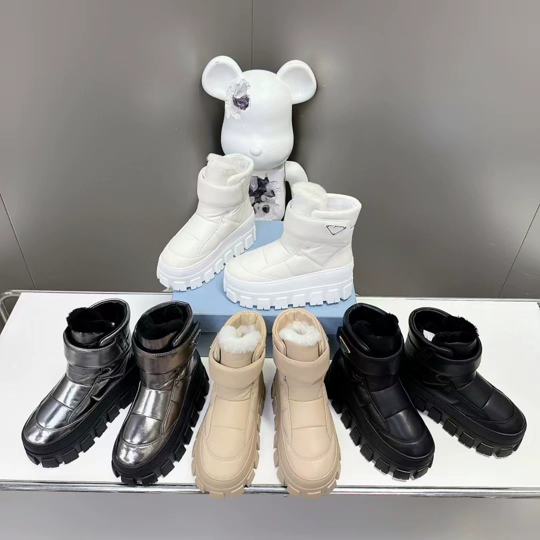 2024 новый треугольный логотип шерстяной липучки толстый фон сапоги снежные сапоги женские короткие сапоги кожаные ватные сапоги