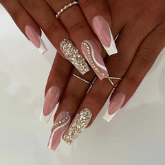 Eurasian pink pastel false nail stickers press on nails with rhinestones and glitter long T wearable nail art wholesale