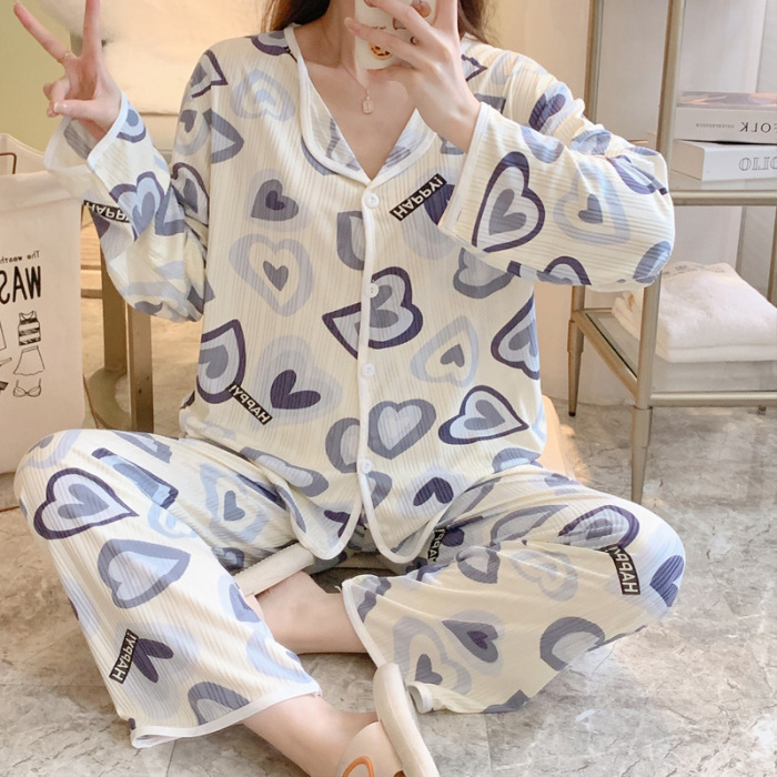 Pijamas de comercio exterior de las mujeres de manga larga cardigan melocotón corazón oso solapa pequeña ropa de hogar fresca traje de dos piezas transfronteriza mujeres lindas