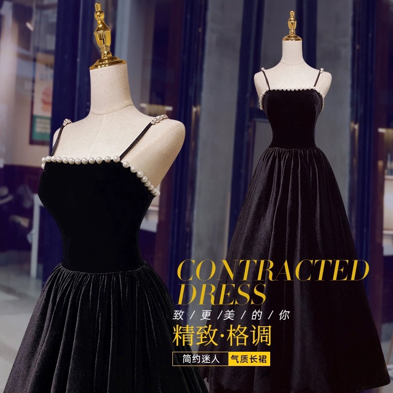 Black evening dress sexy sling birthday adult ceremony light luxury niche temperament socialite velvet dress annual meeting