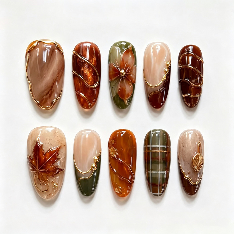 30 pieces of cross-border autumn and winter best-selling 3D gradient flower almond-shaped press-on nails with exquisite gradient plaid and gold-plated nail tips 30 pieces of cross-border autumn and winter best-selling 3D gradient flower almond-shaped press-on nails with exquisite gradient plaid and gold-plated nail tips