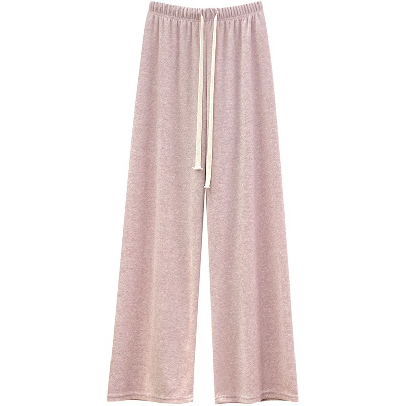 Женские трикотажные брюки из розового кашемира, осенне-зимние утолщенные брюки с высокой талией и драпировкой на флисовой подкладке, Свободные повседневные прямые широкие брюки