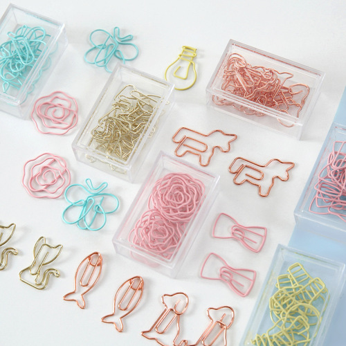 Creative boxed animal shaped paper clips, cartoon metal paper clips, colorful special-shaped golden paper clips wholesale