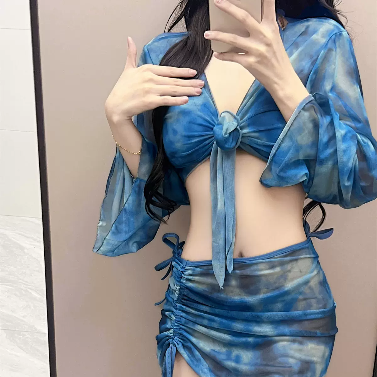 严比基尼四件套泳衣女分体新款保守长袖遮肉显瘦泳装女波力思9578