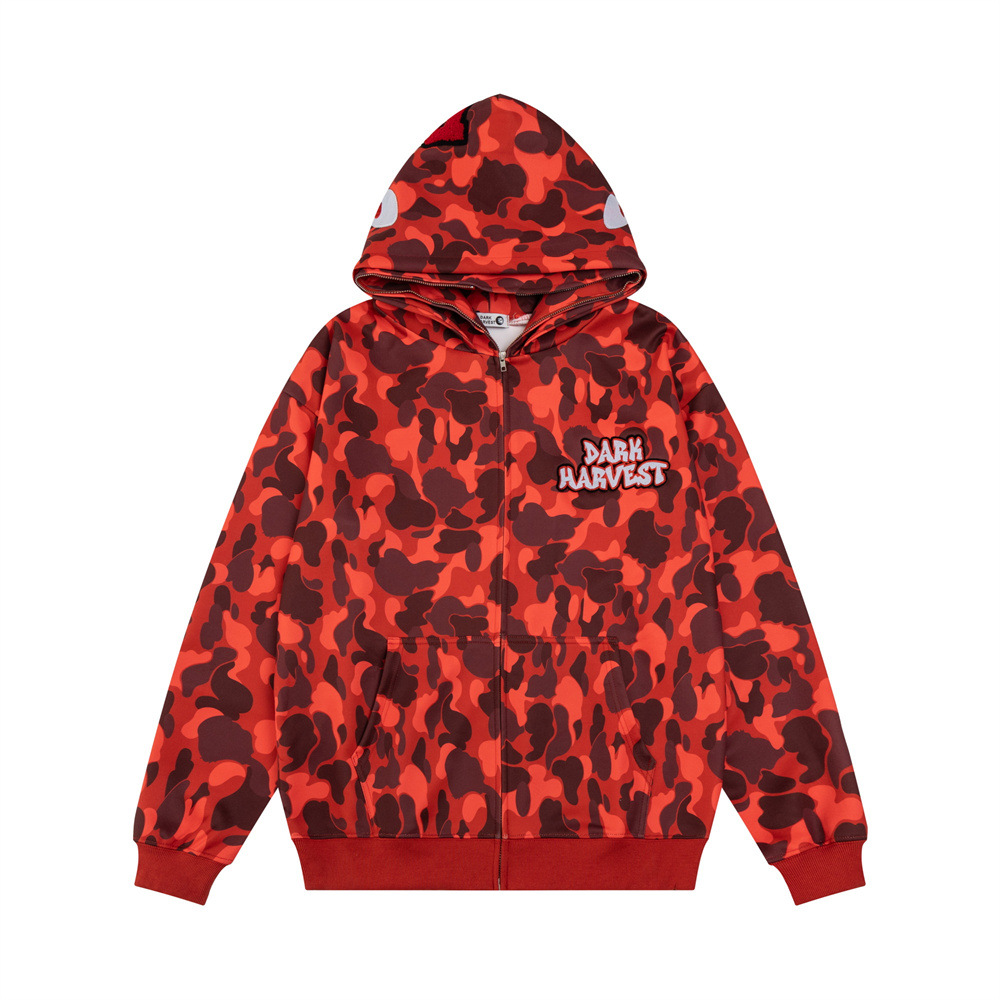 Herren Shark Hooded Zip-Up Sweatshirt Streetwear Camouflage Doppelkapuzen-Design Buchstabenstickerei Freizeitjacke_voghion.com