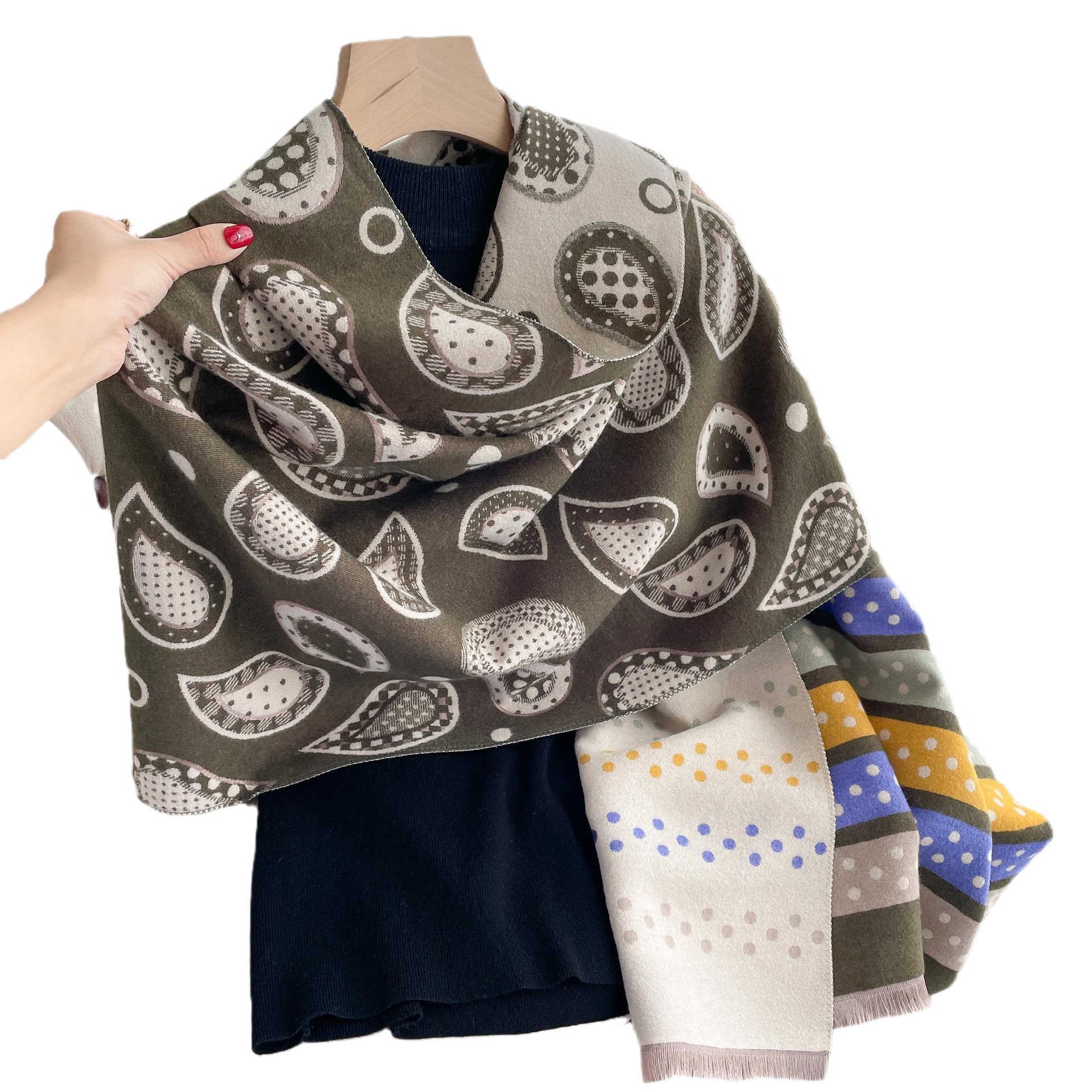 Nueva moda gruesa caliente chal de doble cara colorido a rayas Flor de anacardo Otoño e Invierno Cachemira-como bufanda larga para las mujeres