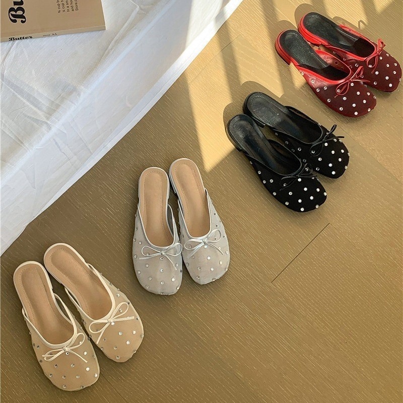 Mesh women's slippers with bow with rhinestones