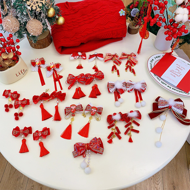 中國風兒童蝴蝶結頭飾毛球流蘇過年氛圍對夾大紅新年簡約髮飾飾品