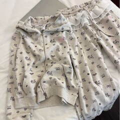 可爱兔耳朵连帽印花卫衣套装早秋休闲开衫蕾丝边长裤居家服两件套