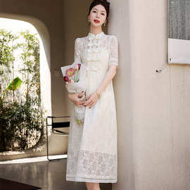 新中式国风连衣裙女2024夏季新款改良旗袍裙小众设计感蕾丝绣花裙